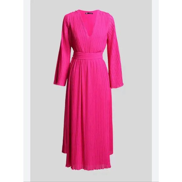 Zara Pleated Midi Dress NWT Hot Pink LS Fuschia, Size Small S Barbie Barbiecore - Picture 2 of 10
